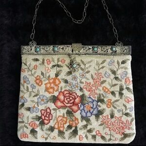 VINTAGE Bag Tapestry Purse Floral Silver Turquoise Stones